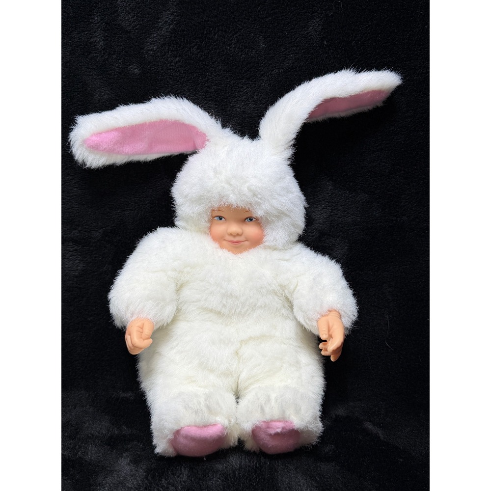 VTG Anne Geddes White Bunny Rabbit Plush Baby Doll Blue Eyes Vinyl Face & Hands